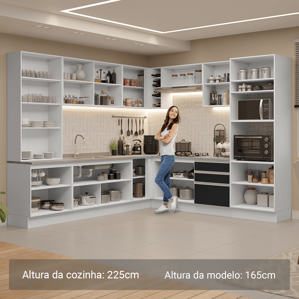 Armário de Cozinha Completa 549cm Branco/Preto Glamy Madesa 01