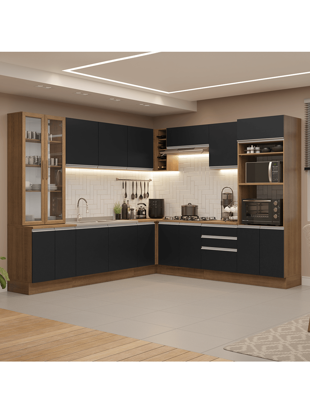 Armário de Cozinha Completa 549cm Rustic/Preto Glamy Madesa 01 - Rustic/Preto