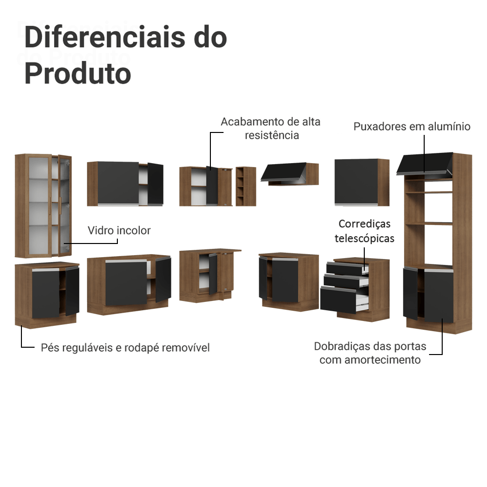 Armário de Cozinha Completa 549cm Rustic/Preto Glamy Madesa 01