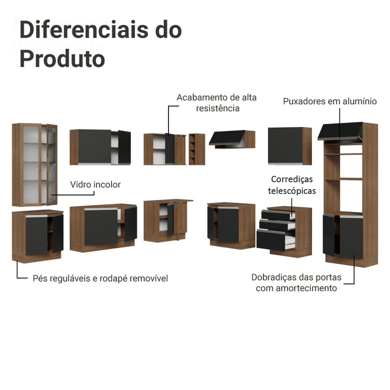 Armário de Cozinha Completa 549cm Rustic/Preto Glamy Madesa 01
