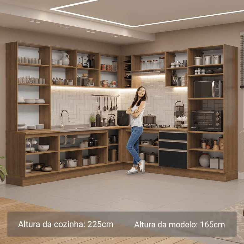 Armário de Cozinha Completa 549cm Rustic/Preto Glamy Madesa 01