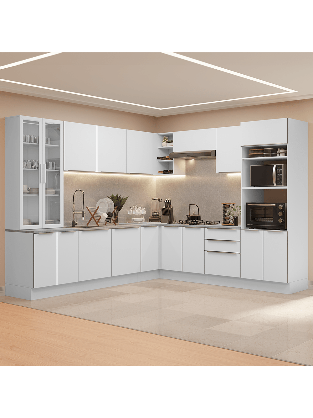 Armário de Cozinha Completa 566cm Banco Veludo Lux Madesa 01 - Branco/Branco Veludo
