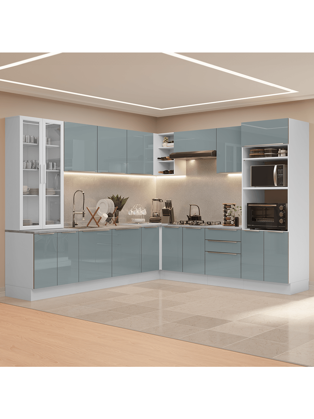 Armário de Cozinha Completa 566cm Branco/Cinza Lux Madesa 01 - Branco/Cinza