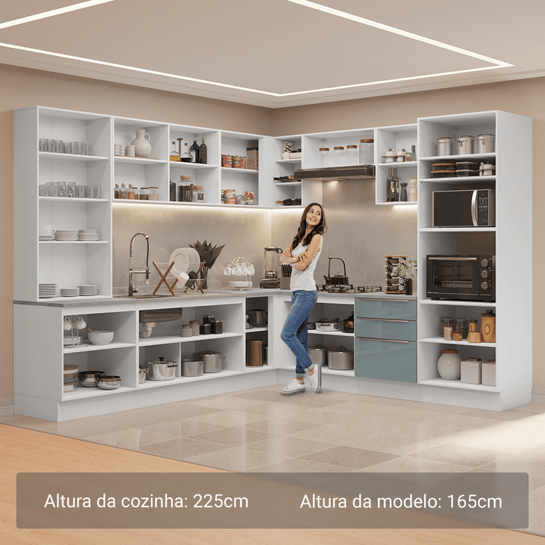 Armário de Cozinha Completa 566cm Branco/Cinza Lux Madesa 01