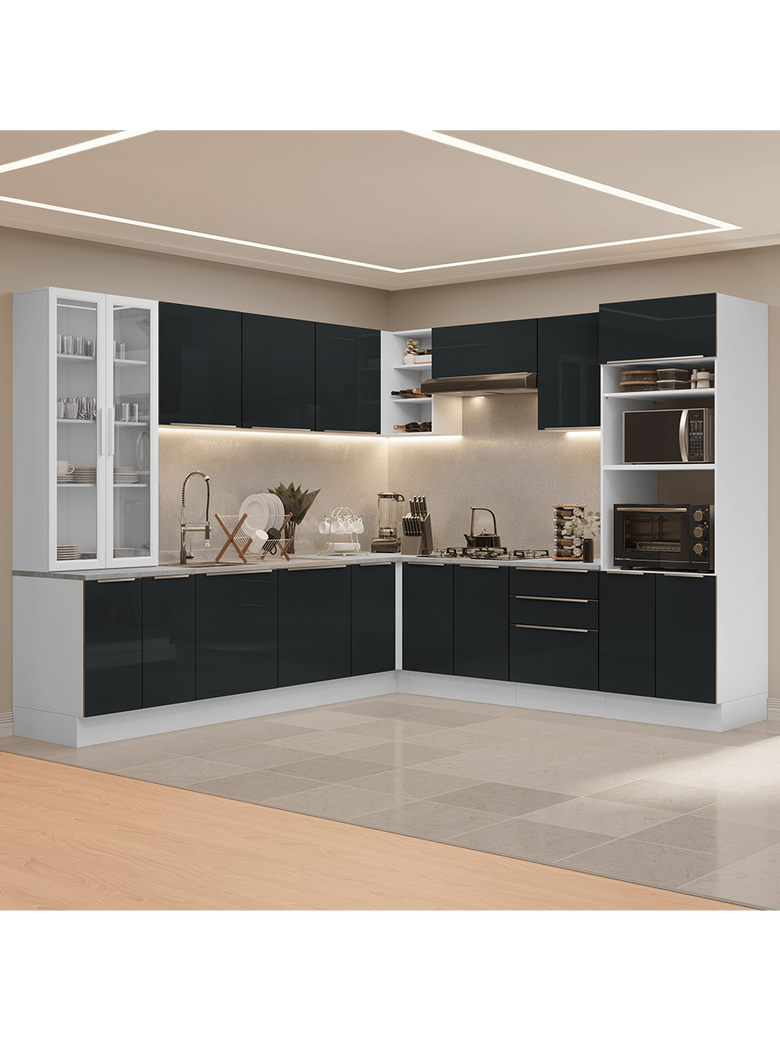 Armário de Cozinha Completa 566cm Branco/Preto Lux Madesa 01