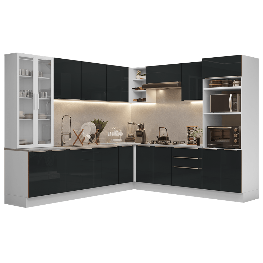 Armário de Cozinha Completa 566cm Branco/Preto Lux Madesa 01 - Branco/Preto
