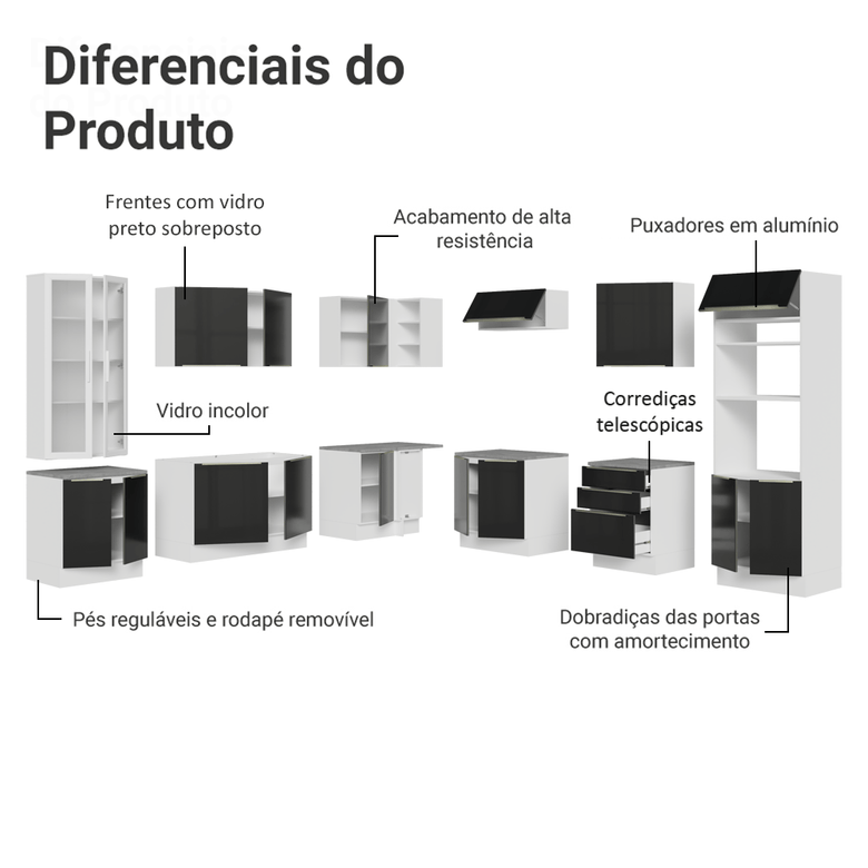 Armário de Cozinha Completa 566cm Branco/Preto Lux Madesa 01