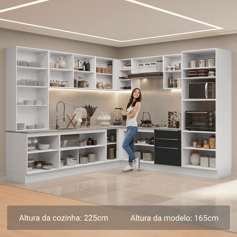 Armário de Cozinha Completa 566cm Branco/Preto Lux Madesa 01
