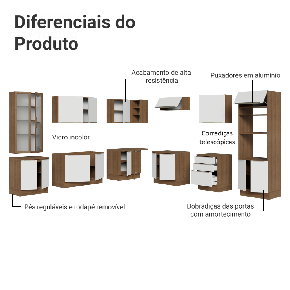 Armário de Cozinha Completa 566cm Rustic/Branco Veludo Lux Madesa 01