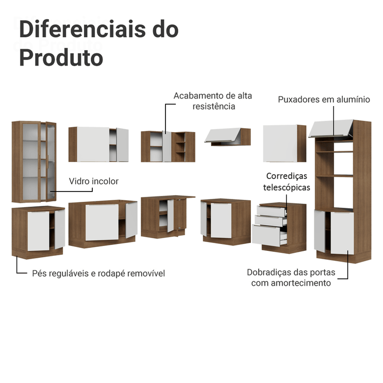 Armário de Cozinha Completa 566cm Rustic/Branco Veludo Lux Madesa 01