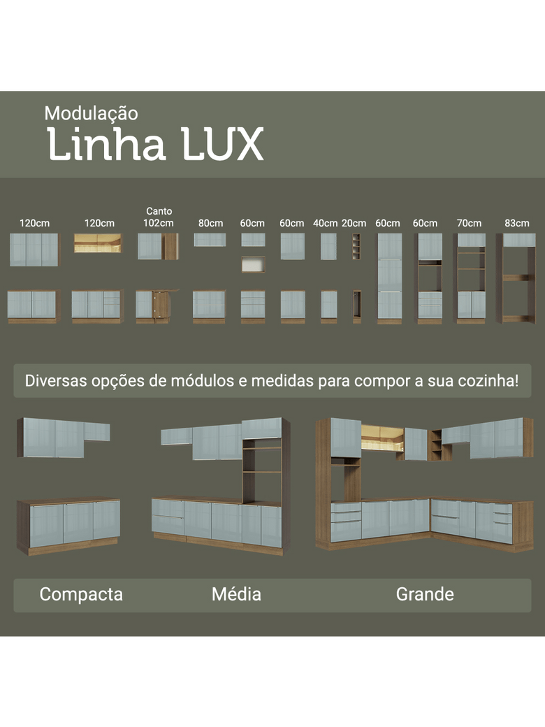 Armário de Cozinha Completa 566cm Rustic/Cinza Lux Madesa 01