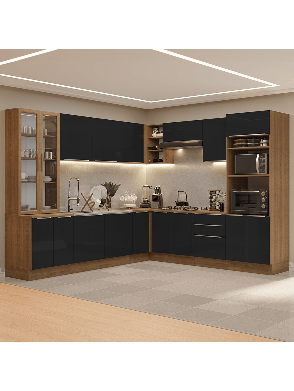 Armário de Cozinha Completa 566cm Rustic/Preto Lux Madesa 01 - Rustic/Preto