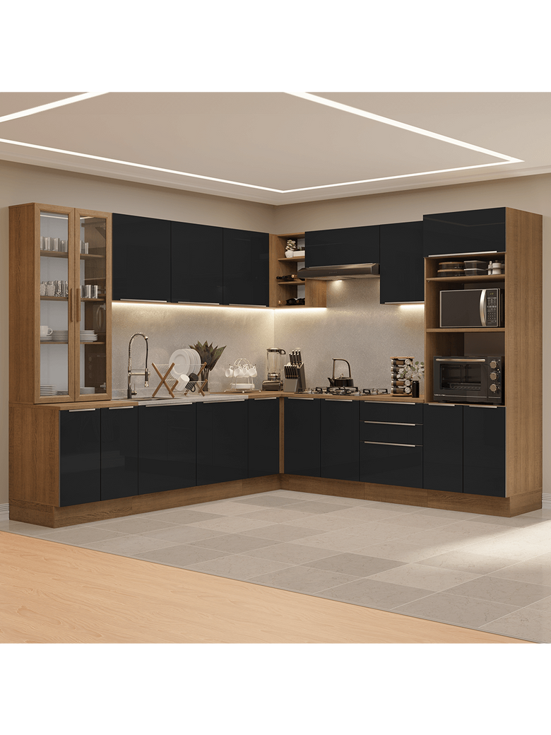 Armário de Cozinha Completa 566cm Rustic/Preto Lux Madesa 01