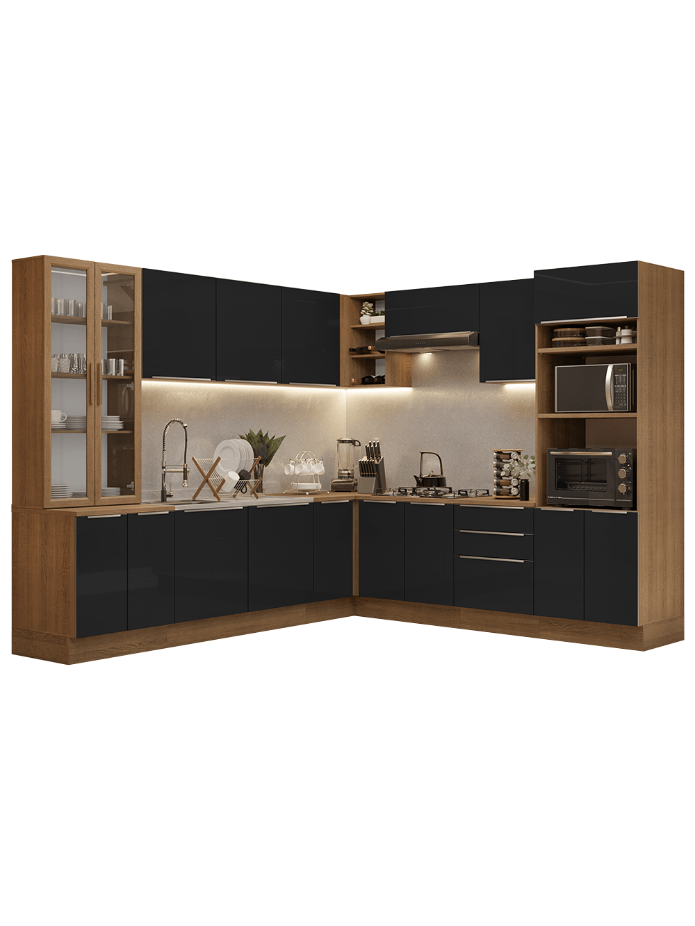 Armário de Cozinha Completa 566cm Rustic/Preto Lux Madesa 01 - Rustic/Preto