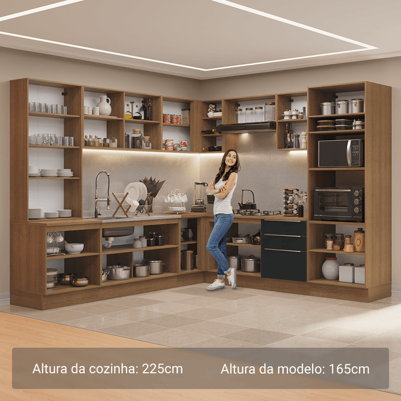 Armário de Cozinha Completa 566cm Rustic/Preto Lux Madesa 01