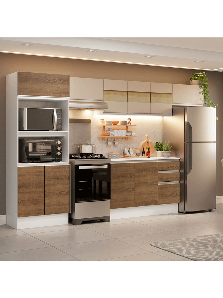 Armário de Cozinha Completa 100% MDF 310 cm Branco/Rustic/Crema Smart 01