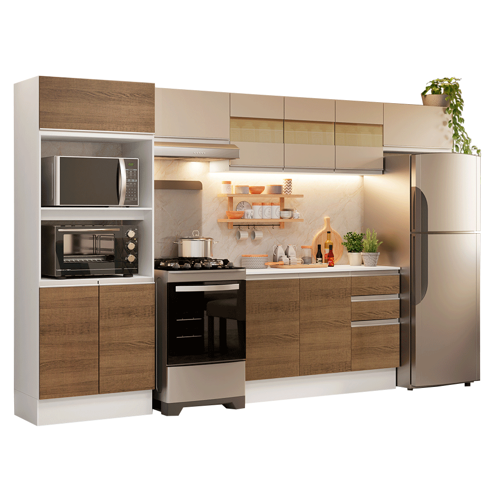 Armário de Cozinha Completa 100% MDF 310 cm Branco/Rustic/Crema Smart 01 - Branco/Rustic/Crema
