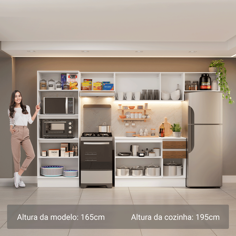 Armário de Cozinha Completa 100% MDF 310 cm Branco/Rustic/Crema Smart 01