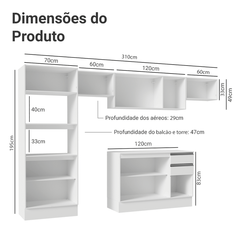 Armário de Cozinha Completa 100% MDF 310 cm Branco Smart 01