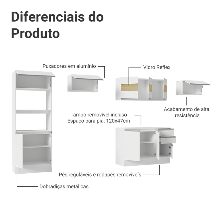 Armário de Cozinha Completa 100% MDF 310 cm Branco Smart 01