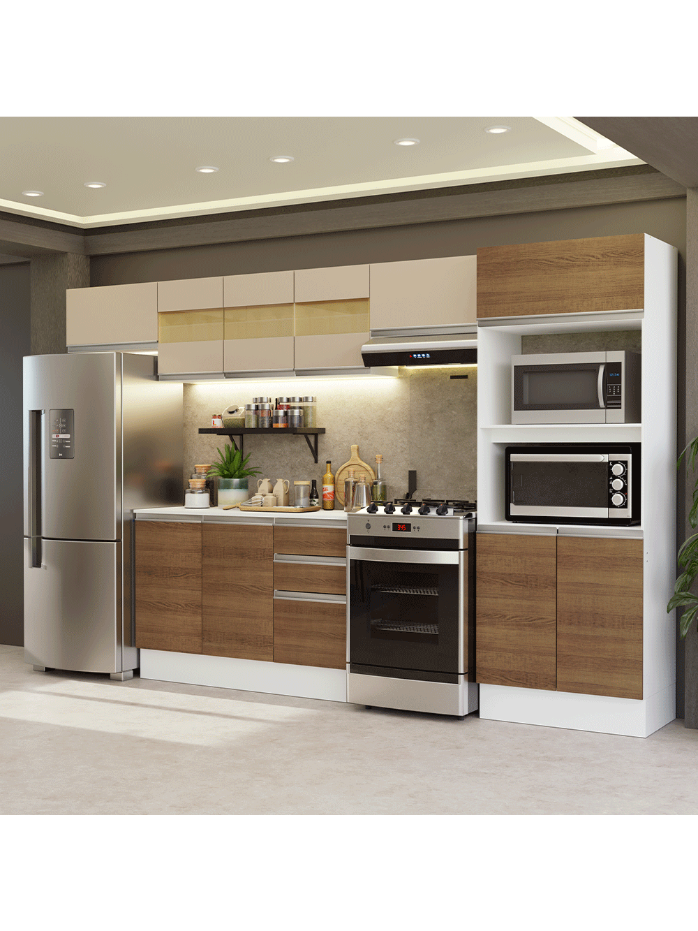 Armário de Cozinha Completa 100% MDF 310 cm Branco/Rustic/Crema Smart 01 XA - Branco/Rustic/Crema