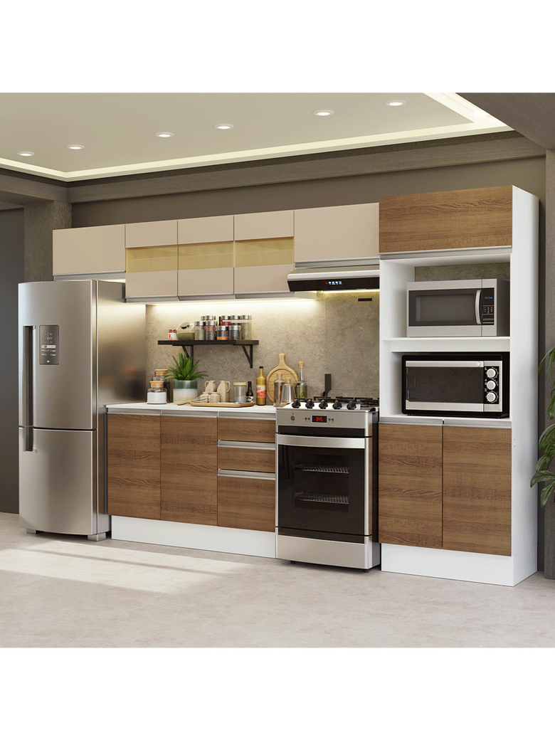 Armário de Cozinha Completa 100% MDF 310 cm Branco/Rustic/Crema Smart 01 XA
