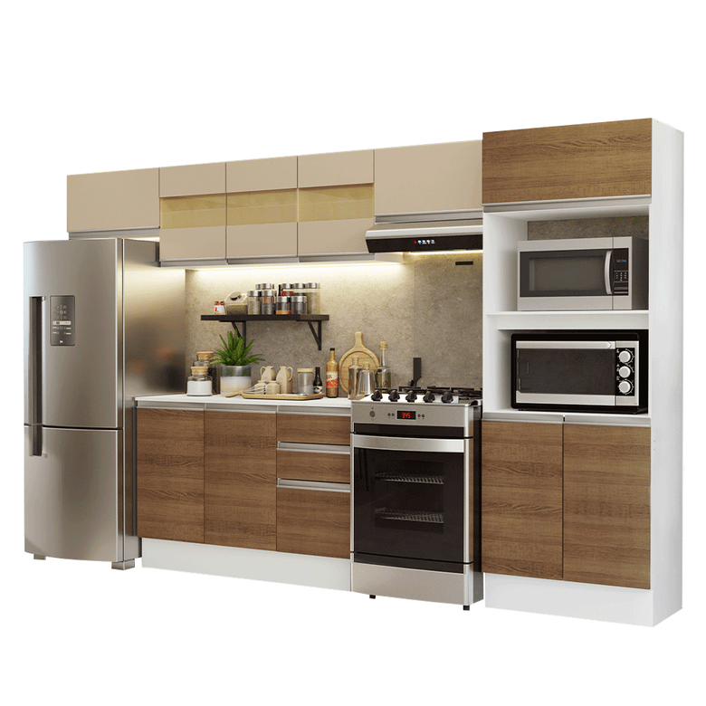 Armário de Cozinha Completa 100% MDF 310 cm Branco/Rustic/Crema Smart 01 XA