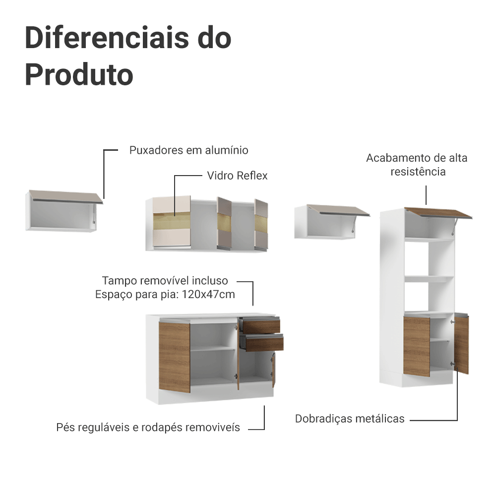 Armário de Cozinha Completa 100% MDF 310 cm Branco/Rustic/Crema Smart 01 XA