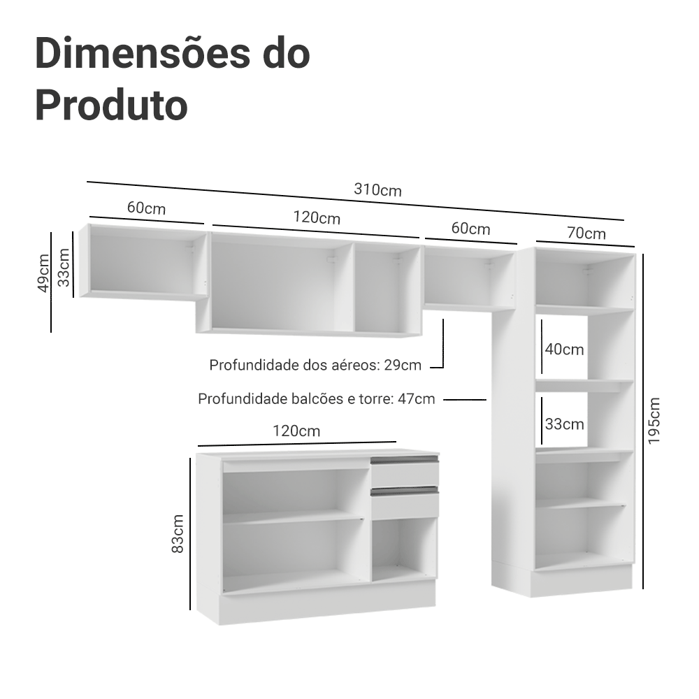 Armário de Cozinha Completa 100% MDF 310 cm Branco Smart 01 XA