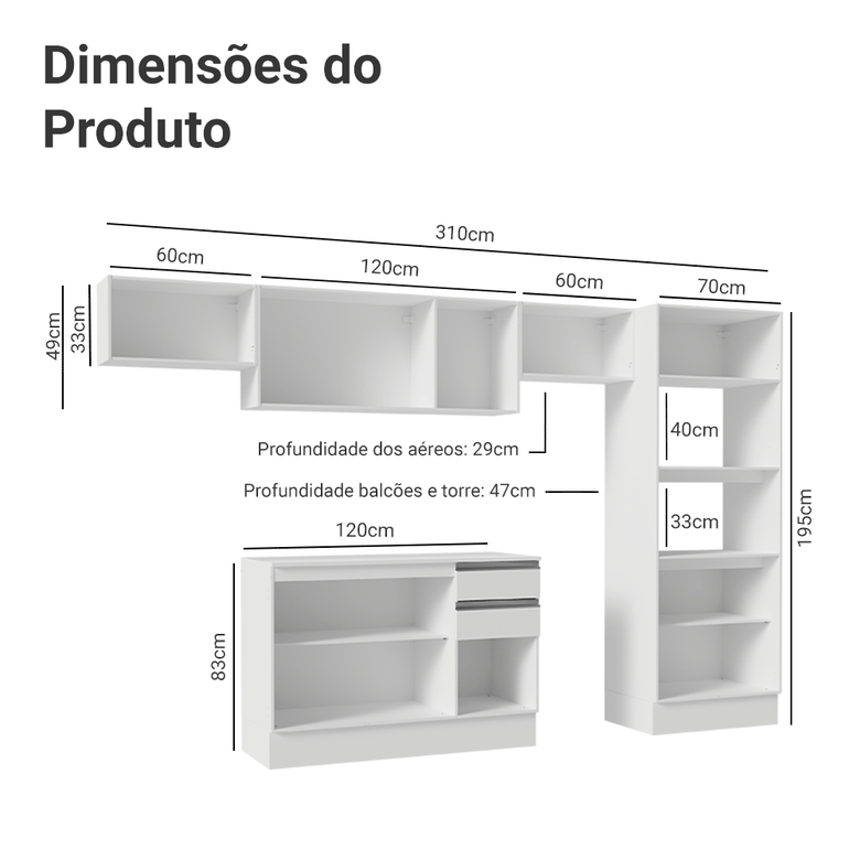 Armário de Cozinha Completa 100% MDF 310 cm Branco Smart 01 XA