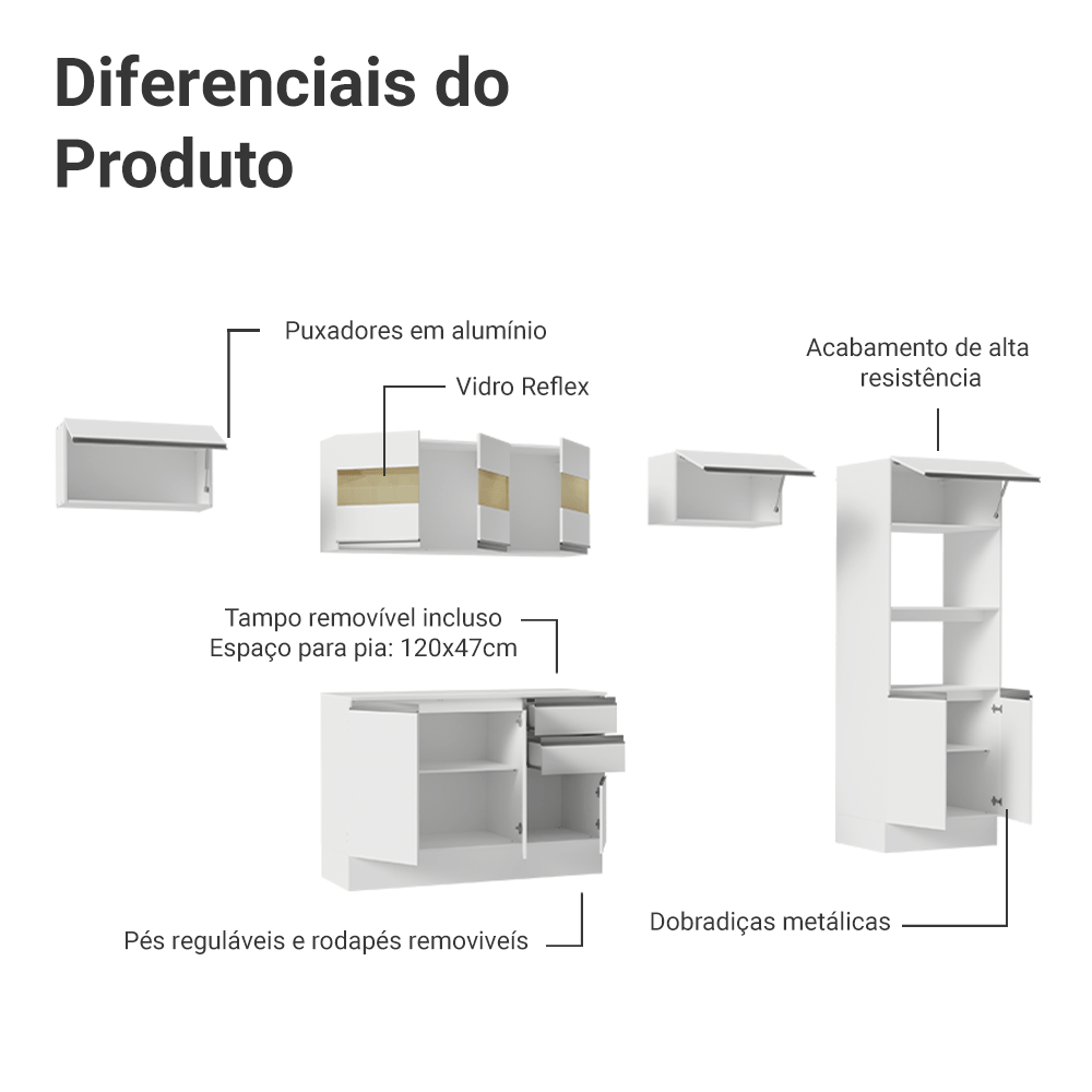 Armário de Cozinha Completa 100% MDF 310 cm Branco Smart 01 XA