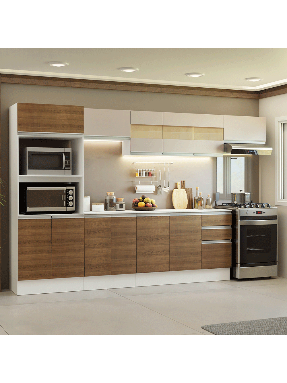 Armário de Cozinha Completa 100% MDF 310 cm Branco/Rustic/Crema Smart 02 - Branco/Rustic/Crema