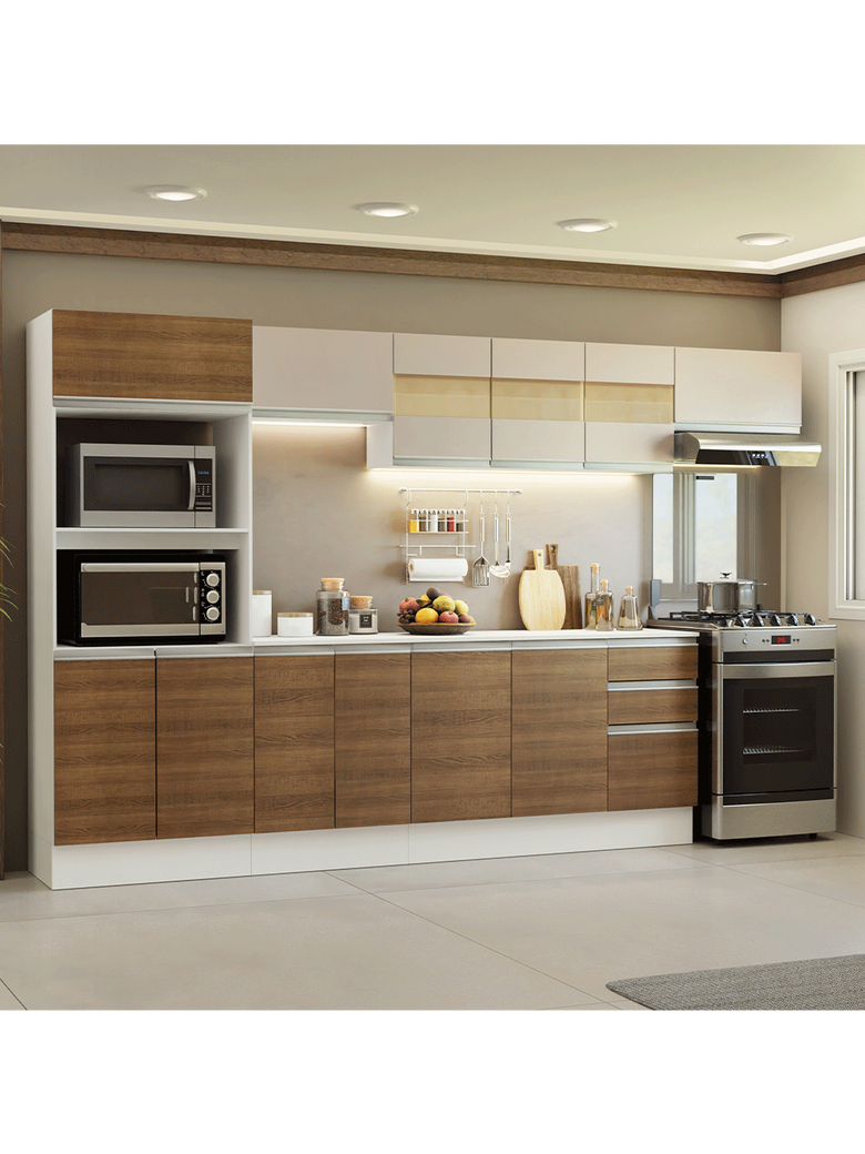 Armário de Cozinha Completa 100% MDF 310 cm Branco/Rustic/Crema Smart 02