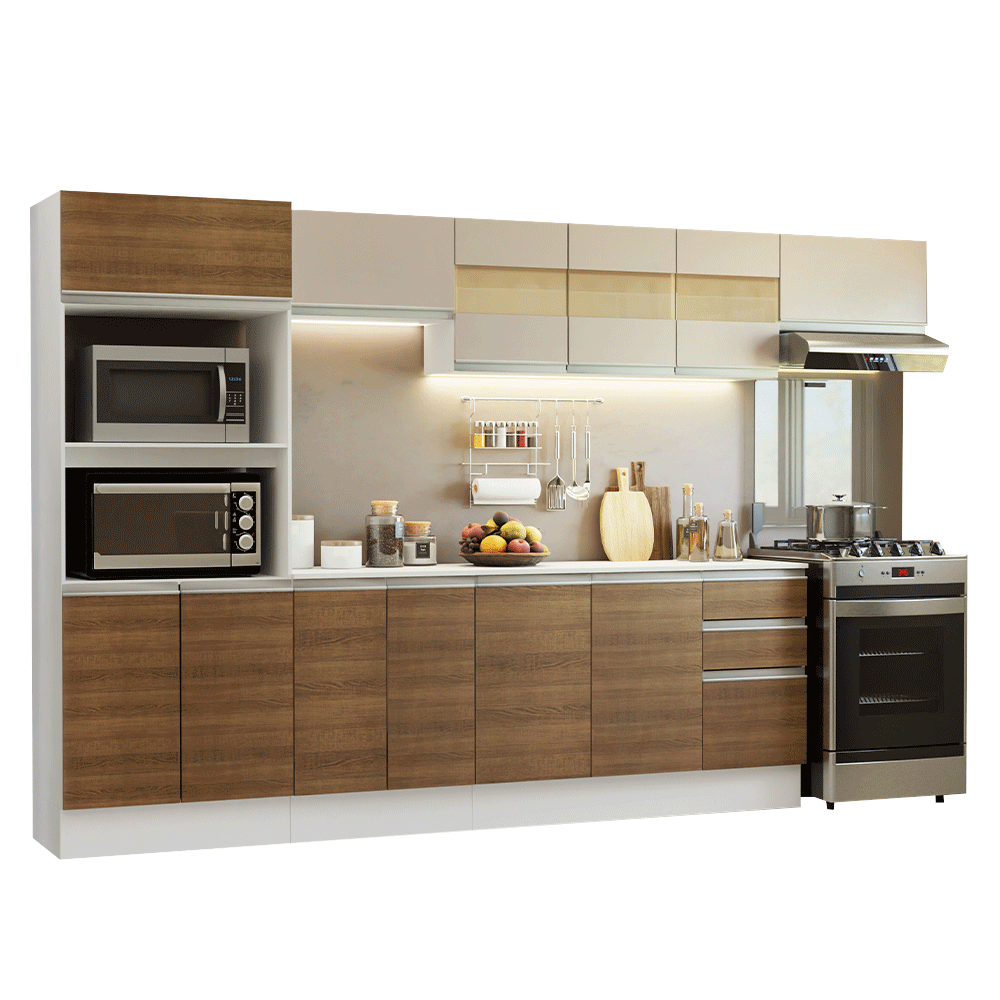 Armário de Cozinha Completa 100% MDF 310 cm Branco/Rustic/Crema Smart 02 - Branco/Rustic/Crema