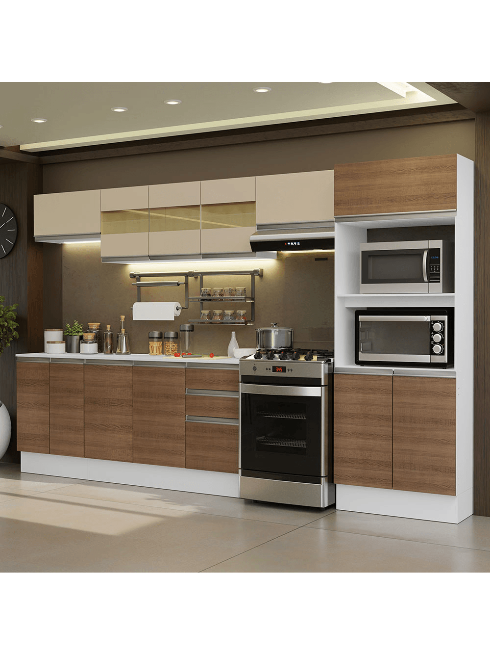 Armário de Cozinha Completa 100% MDF 310 cm Branco/Rustic/Crema Smart 02 XA - Branco/Rustic/Crema