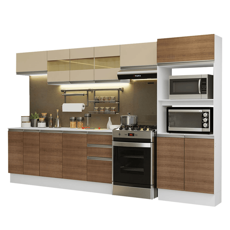 Armário de Cozinha Completa 100% MDF 310 cm Branco/Rustic/Crema Smart 02 XA