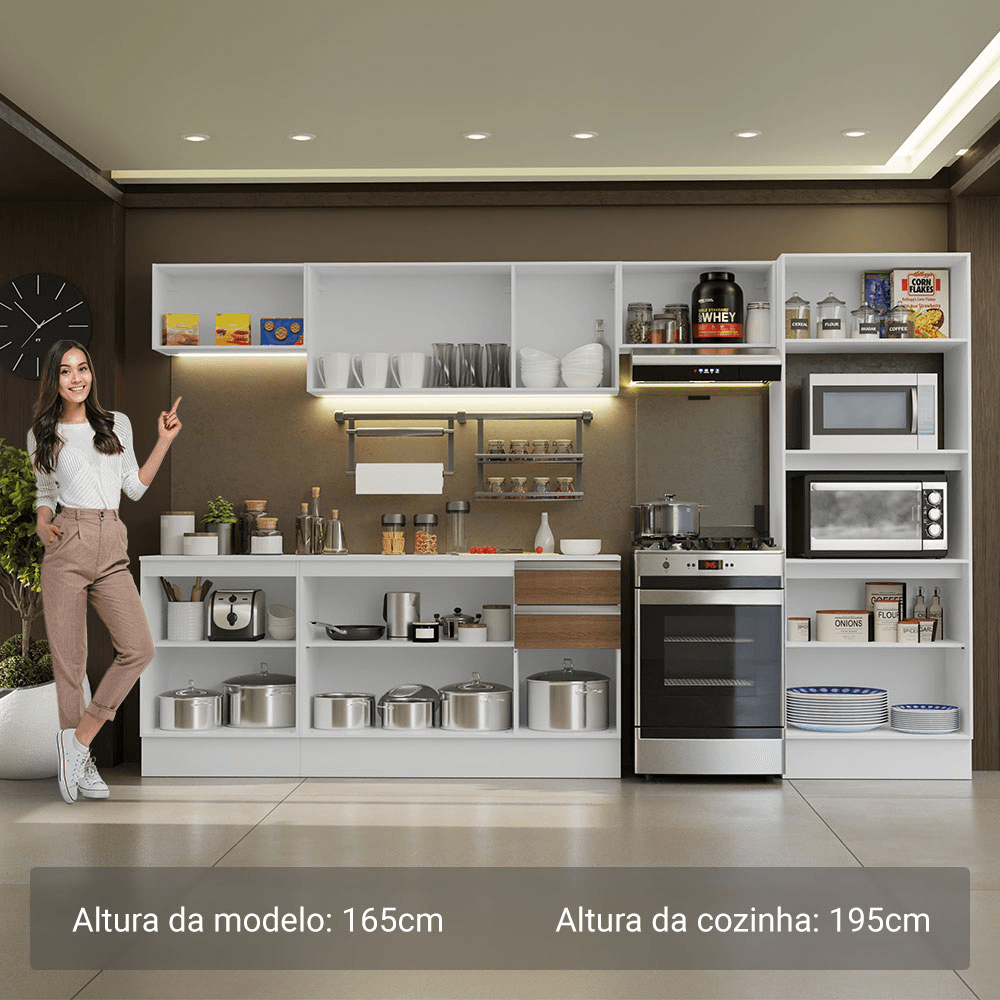 Armário de Cozinha Completa 100% MDF 310 cm Branco/Rustic/Crema Smart 02 XA
