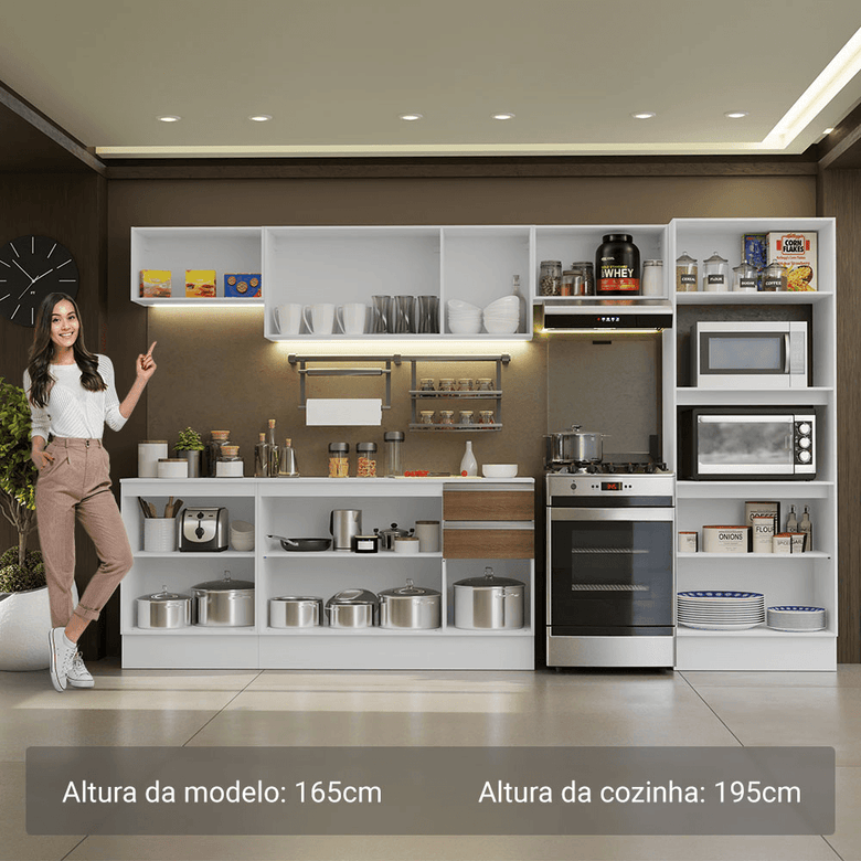 Armário de Cozinha Completa 100% MDF 310 cm Branco/Rustic/Crema Smart 02 XA