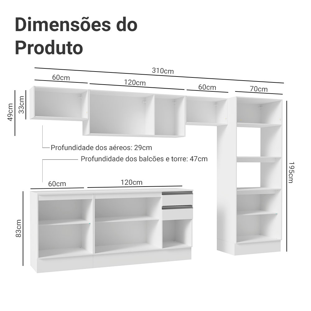 Armário de Cozinha Completa 100% MDF 310 cm Branco Smart 02 XA