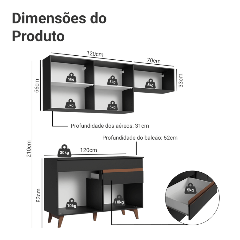 Armário de Cozinha Compacta 190cm Preto Reims Madesa 04