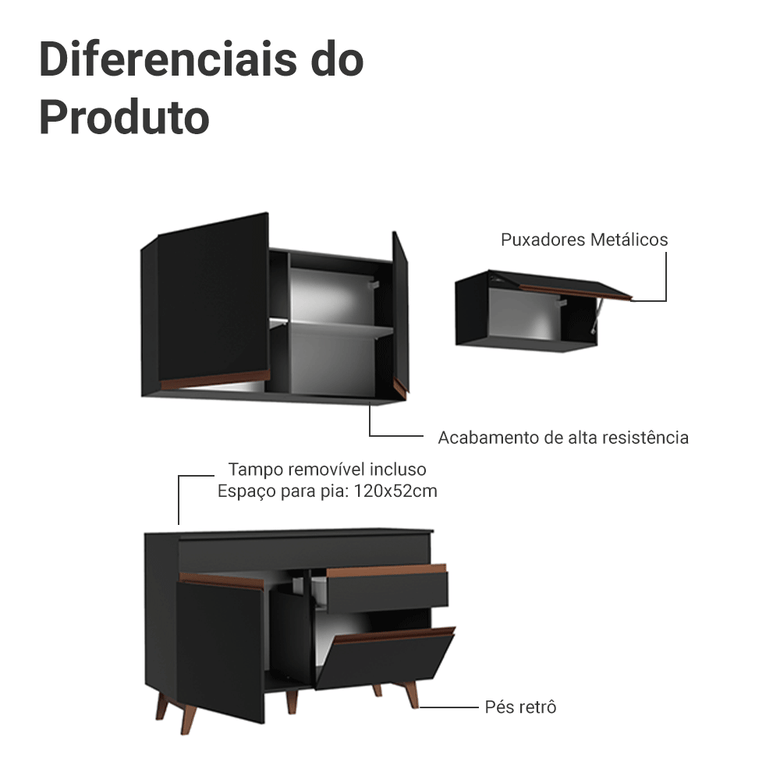 Armário de Cozinha Compacta 190cm Preto Reims Madesa 04