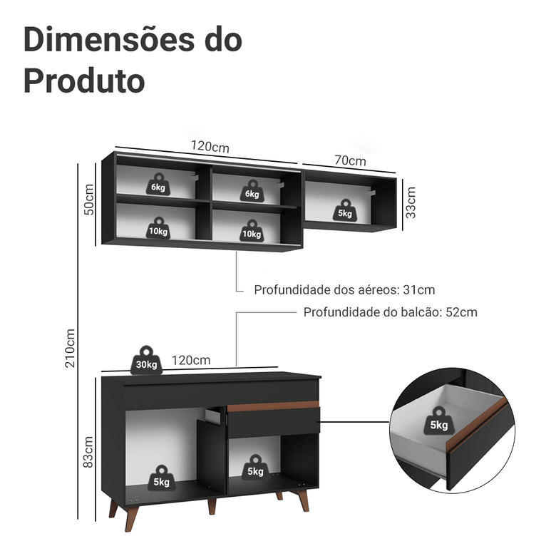 Armário de Cozinha Compacta 190cm Preto Reims Madesa 05