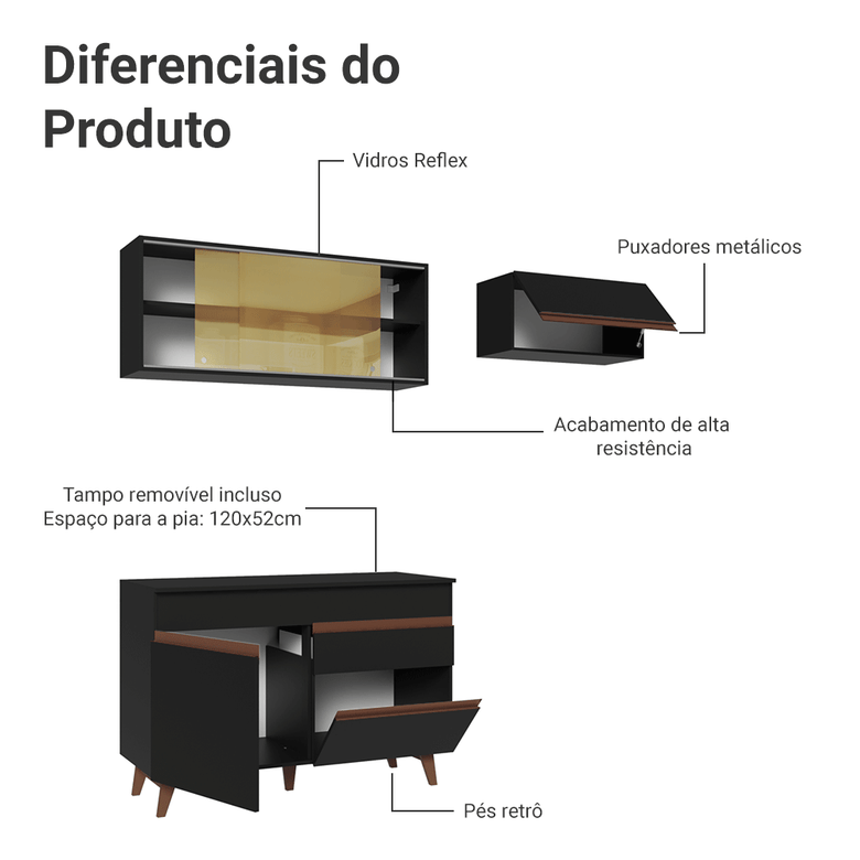 Armário de Cozinha Compacta 190cm Preto Reims Madesa 05