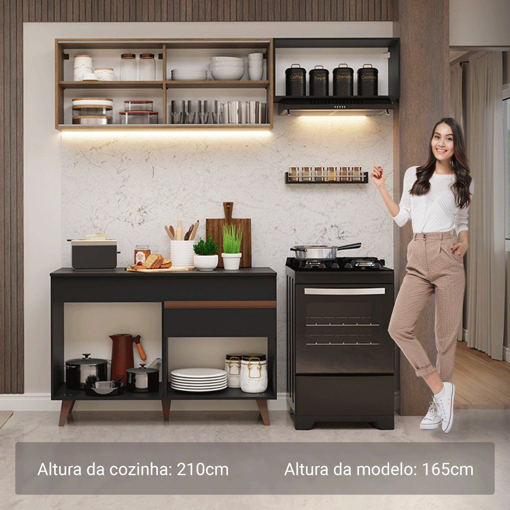 Armário de Cozinha Compacta 190cm Preto/Rustic Reims Madesa 05