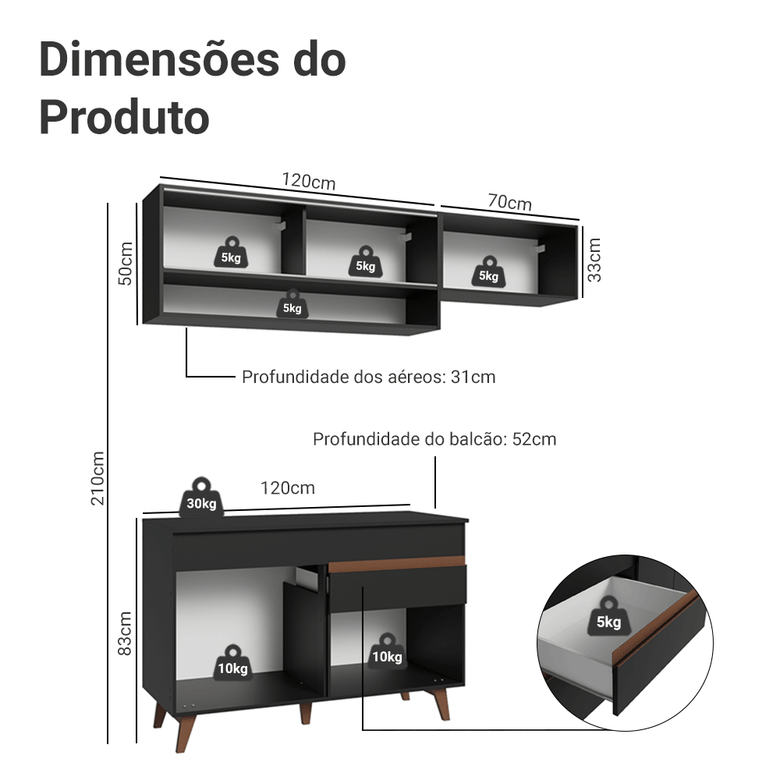 Armário de Cozinha Compacta 190cm Preto Reims Madesa 06