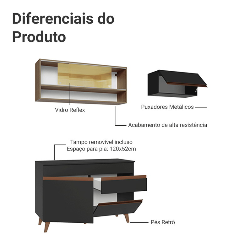 Armário de Cozinha Compacta 190cm Preto/Rustic Reims Madesa 06