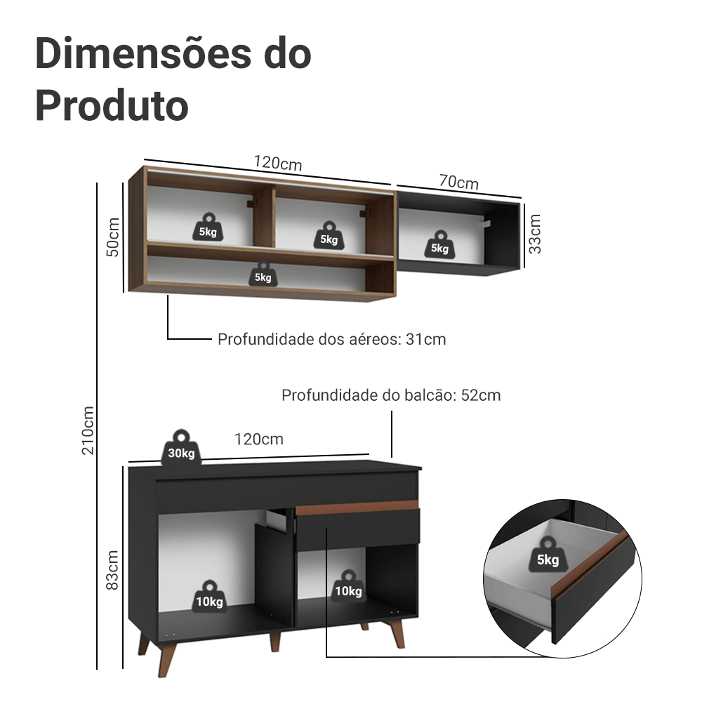 Armário de Cozinha Compacta 190cm Preto/Rustic Reims Madesa 06