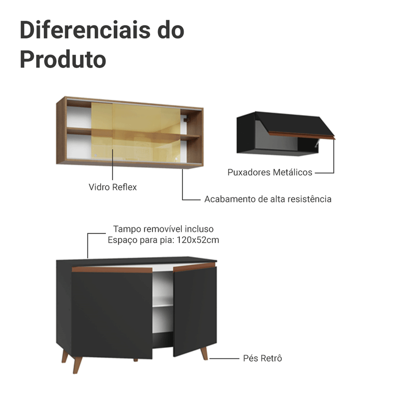 Armário de Cozinha Compacta 190cm Preto/Rustic Reims Madesa 09