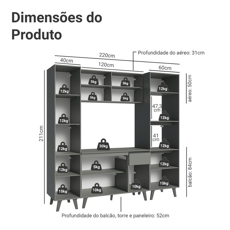 Armário de Cozinha Completa 220cm Cinza Nice Madesa 05
