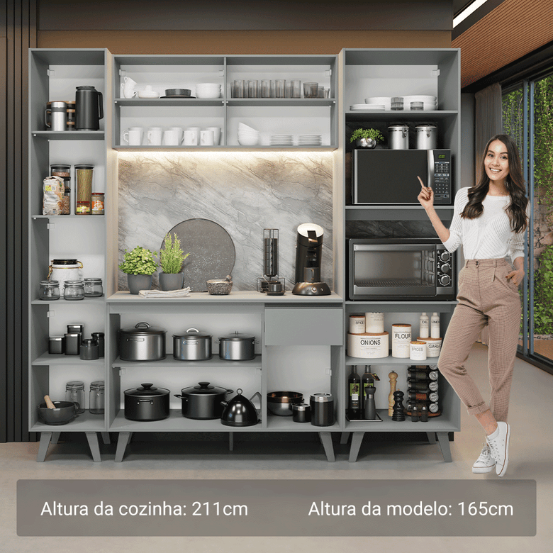 Armário de Cozinha Completa 220cm Cinza Nice Madesa 05